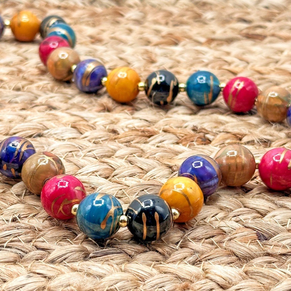 Vintage 80s 90s Multicolor Acrylic Beaded Necklace Magenta Teal Purple Retro 30" - Picture 3 of 6